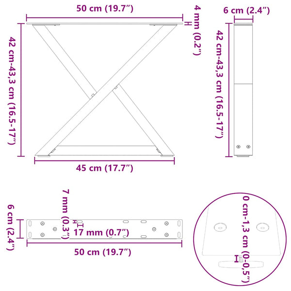 Sohvapöydän jalat 2 kpl antrasiitti 50x(42-43,3) cm teräs