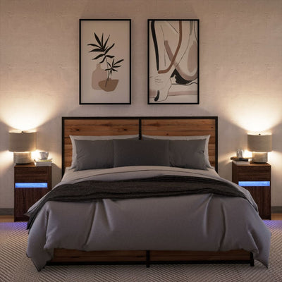 Ruskea yöpöytä led-valoilla Tg (2 kpl, tammi puinen)