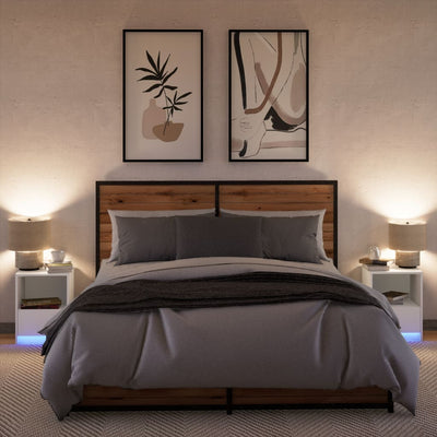 Valkoinen yöpöytä led-valoilla Timpu (2 kpl puinen)