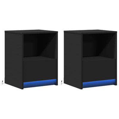 Musta yöpöytä led-valoilla Timpu (2 kpl puinen)