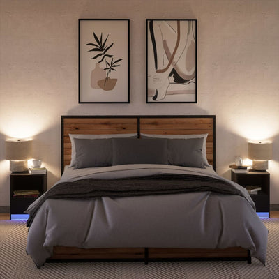 Musta yöpöytä led-valoilla Timpu (2 kpl puinen)