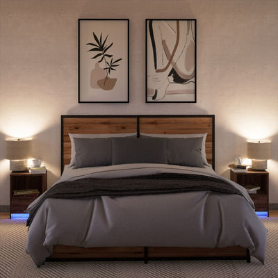 Ruskea yöpöytä led-valoilla Timpu (2 kpl, tammi puinen)