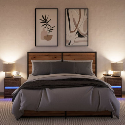 Ruskea yöpöytä led-valoilla Hanibal (2 kpl, tammi puinen)