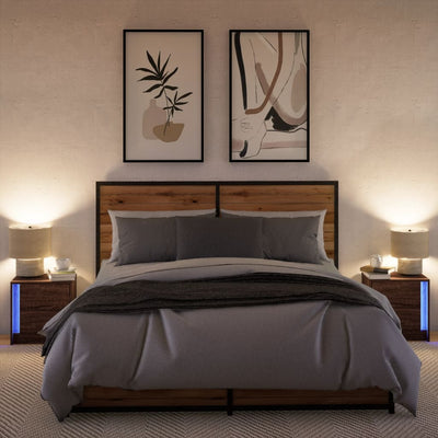 Ruskea yöpöytä led-valoilla Tanja (2 kpl, tammi puinen)