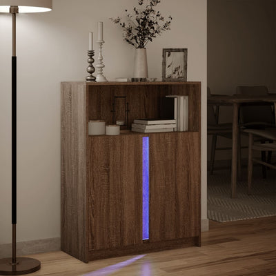 Senkki LED-valoilla ruskea tammi 77x34x100 cm tekninen puu
