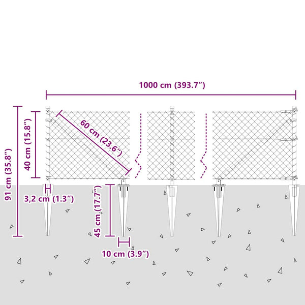 Piikkikettuaidalla varustettu aita 10 x 0,4 m Galvanoitu teräs