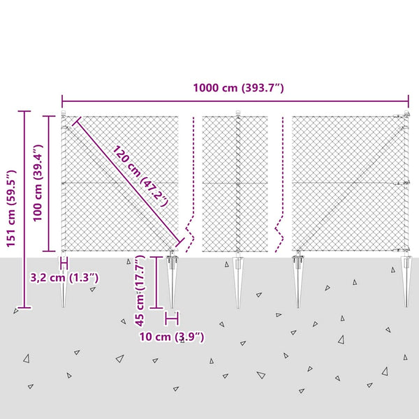 Piikkikettuaidalla varustettu aita 10 x 1 m Galvanoitu teräs