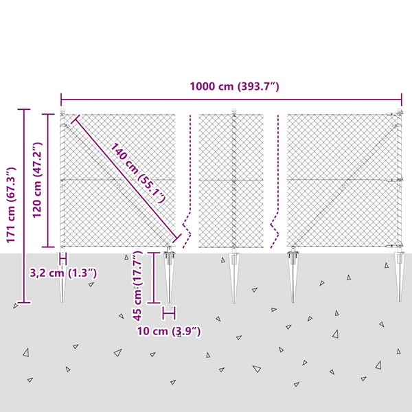 Piikkikettuaidalla varustettu aita 10 x 1,2 m Galvanoitu teräs