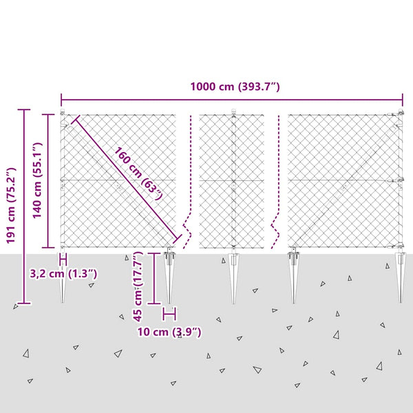 Piikkikettuaidalla varustettu aita 10 x 1,4 m Galvanoitu teräs