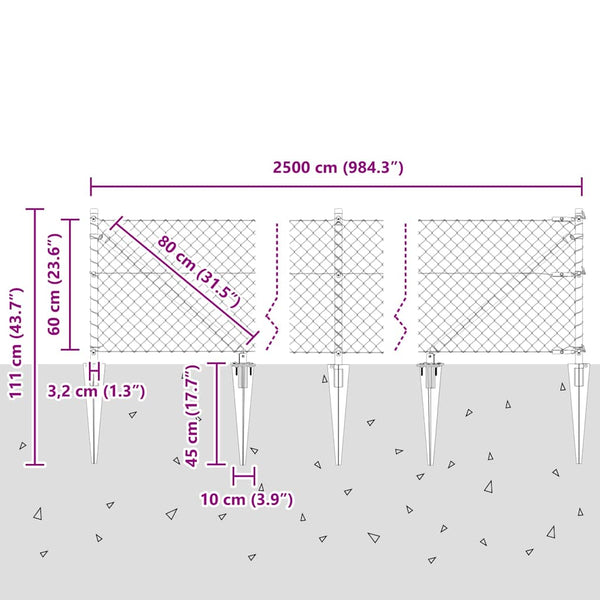 Piikkikettuaidalla varustettu aita 25 x 0,6 m Galvanoitu teräs