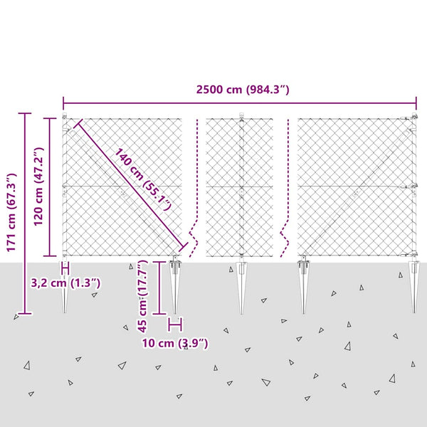 Piikkikettuaidalla varustettu aita 25 x 1,2 m Galvanoitu teräs