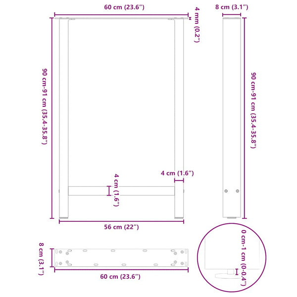 Baaripöydän jalat, luonnonvärinen teräs, 2 kpl, 60 x (90-91) cm, teräs