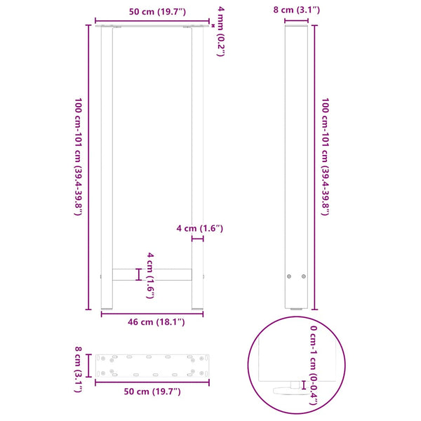 Baaripöydän jalat, luonnonvärinen teräs, 2 kpl, 50 x (100-101) cm, teräs