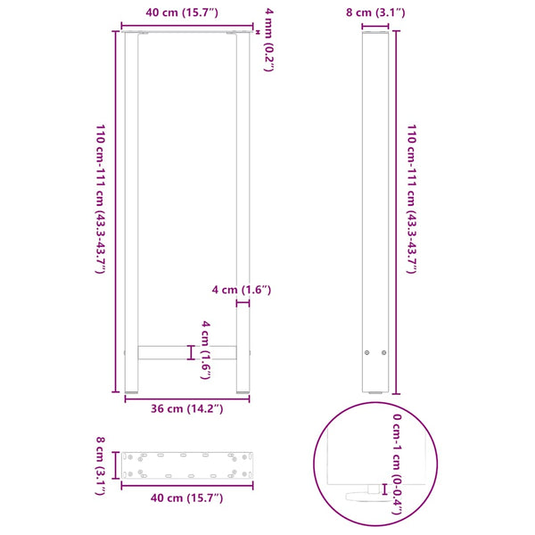Baaripöydän jalat, luonnonvärinen teräs, 2 kpl, 40 x (110-111) cm, teräs