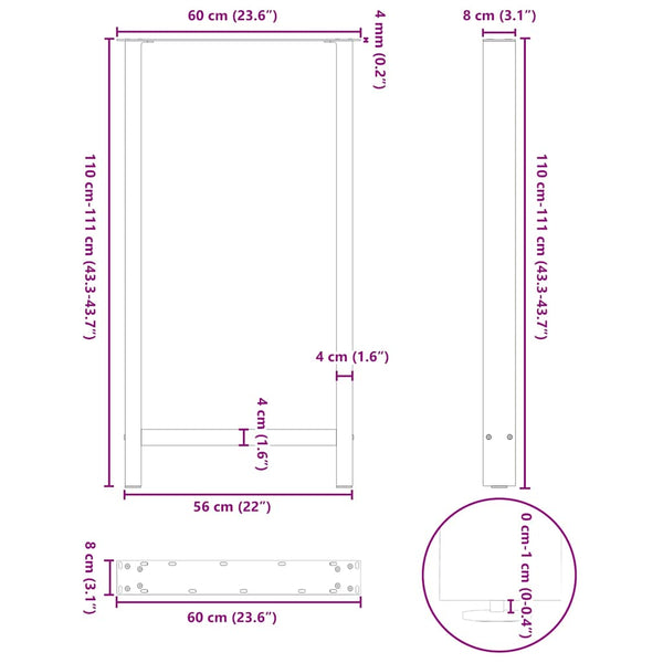 Baaripöydän jalat, luonnonvärinen teräs, 2 kpl, 60 x (110-111) cm, teräs