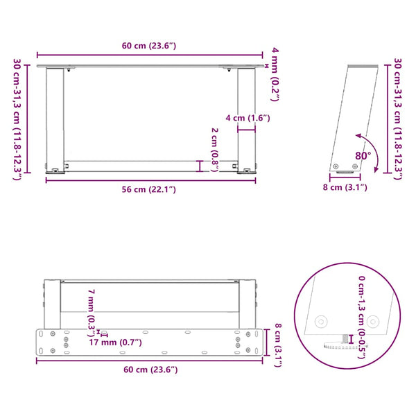 Sohvapöydän jalat U-muotoiset 2 kpl Luonnonvärinen teräs 60x(30-31) cm Teräs