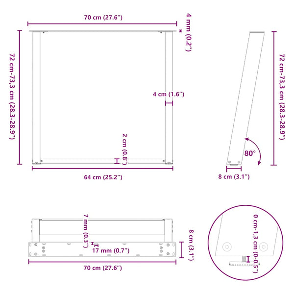 Ruokapöydän jalat U-muotoiset 2 kpl antrasiitti 70x(72-73) cm teräs