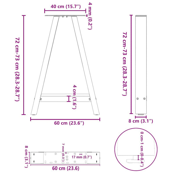 Ruokapöydän jalat A-muotoiset 2 kpl 60x(72-73) cm teräs