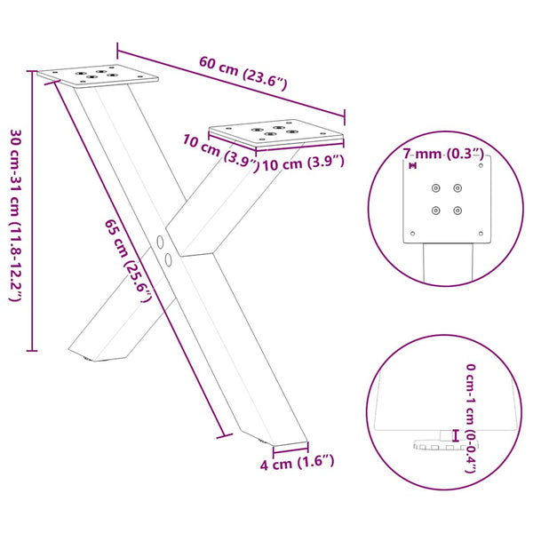 Sohvapöydän jalat X-muotoiset 2 kpl Luonnonvärinen teräs 60x(30-31) cm Teräs