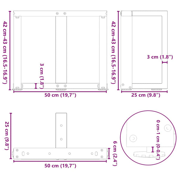 Sohvapöydän jalat T-muotoiset 2 kpl luonnonteräs 50x25x(42-43) cm teräs