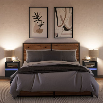 Musta seinäkiinnitettävät yöpöydät led-valoilla Alisoai (2 kpl)