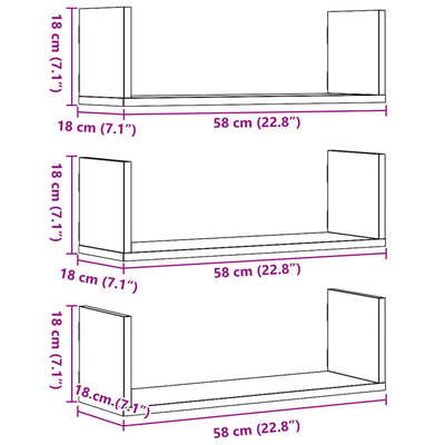 Seinähyllyt 3 kpl musta 58x18x18 cm tekninen puu