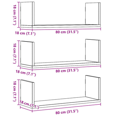 Seinähyllyt 3 kpl musta 80x18x18 cm tekninen puu