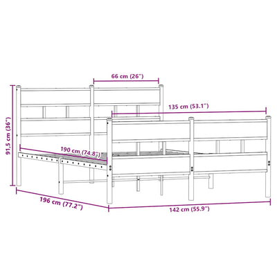 Sonoma-tammi metallinen sängynrunko ilman patjaa Tihamer 135x190cm