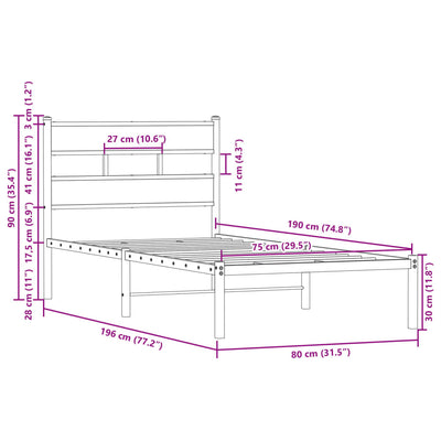 Ruskea tammi sängynrunko ilman patjaa päädyllä Tihamer 75x190cm