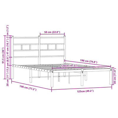 Ruskea tammi sängynrunko ilman patjaa päädyllä Tihamer 120x190cm
