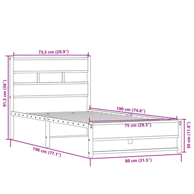 Sonoma-tammi metallinen sängynrunko ilman patjaa Tihamer 75x190cm
