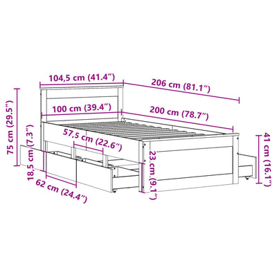 Sängynrunko ilman patjaa päätylevyllä Eduars 100x200cm (mänty)