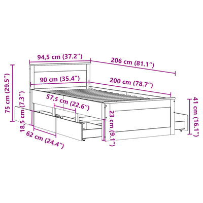 Sängynrunko ilman patjaa päätylevyllä Eduars 90x200cm (mänty)