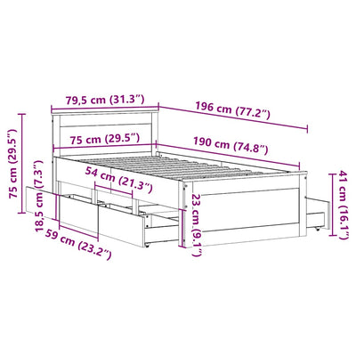 Sängynrunko ilman patjaa päädyllä Eduars 75x190cm (mänty)