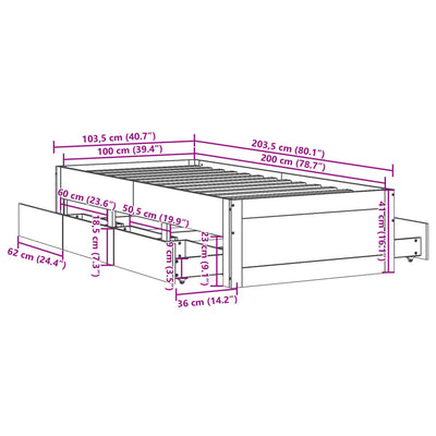 Vahanrusk sängynrunko ei patjaa laatikot Oprisean 100x200cm (mänty)