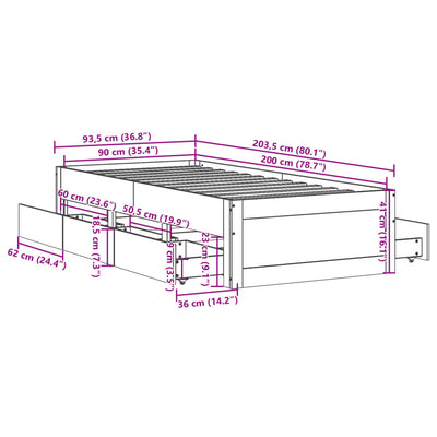 Valk sängynrunko ei patjaa laatikoilla Oprisean 90x200cm (mänty)