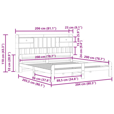 Sänky kirjahyllyllä ei patjaa vahanrusk. 200x200 cm täysi mänty