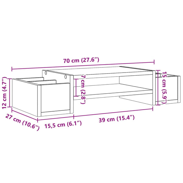 Harmaa näyttöteline säilytystilalla 70x27x15 cm teknisestä puusta