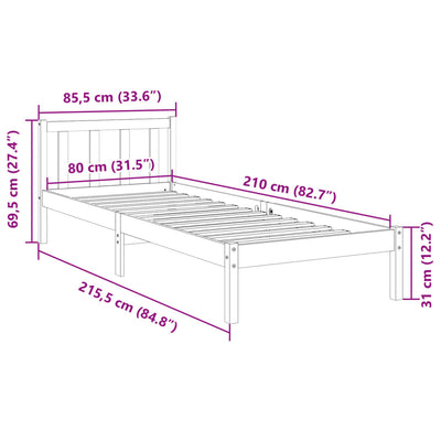Sängynrunko erikoispitkä ei patjaa valk. 80x210 cm täysi mänty