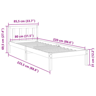 Sängynrunko erikoispitkä ilman patjaa 80x220 cm täysi mänty