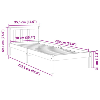 Sängynrunko erikoispitkä ilman patjaa 90x220 cm täysi mänty