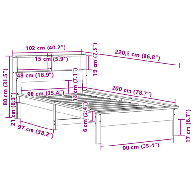 Sänky kirjahyllyllä ilman patjaa 90x200 cm täysi mänty