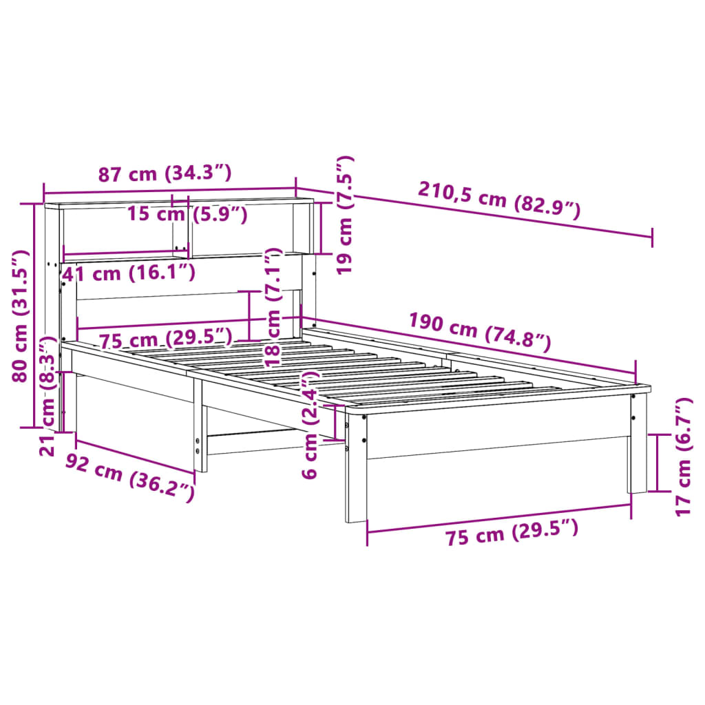 Sänky kirjahyllyllä ilman patjaa Fanut 75x190cm (mänty)
