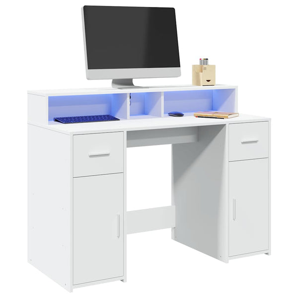 Työpöytä LED-valoilla valkoinen 120x55x91 cm tekninen puu