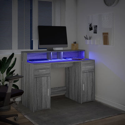 Harmaa työpöytä led-valoilla Sakari 120x55x91cm (puinen)
