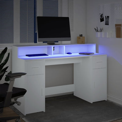 Valkoinen työpöytä led-valoilla Sakari 140x55x91cm (puinen)