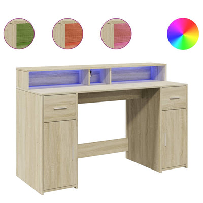 Työpöytä LED-valoilla Sonoma-tammi 140x55x91 cm tekninen puu