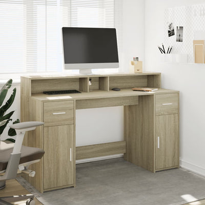 Työpöytä LED-valoilla Sonoma-tammi 140x55x91 cm tekninen puu