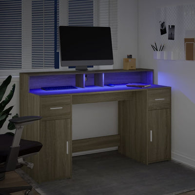 Työpöytä LED-valoilla Sonoma-tammi 140x55x91 cm tekninen puu