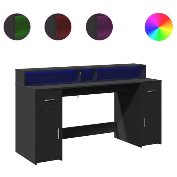 Työpöytä LED-valoilla musta 160x55x91 cm tekninen puu